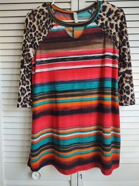 Leopard Sleeve Striped Tunic Top - Red Multi